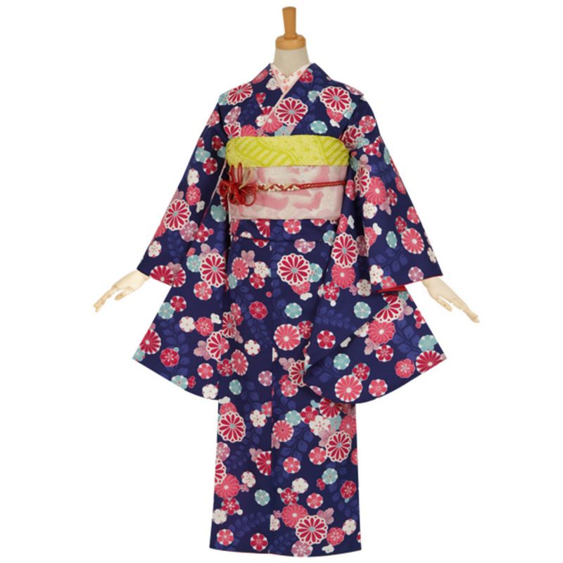 【中古品】ジュニア用 振袖単品 「紺　藤に菊梅」 仕立て上がり 着物 小振袖 二尺袖 子ども 子供 キッズ ジュニア 女の子 卒業式 小学校 小学生 中学校 中学生 十三参り 十三詣り 1/2成人式 ハーフ成人式 貸衣装処分 レンタル処分品【メール便不可】