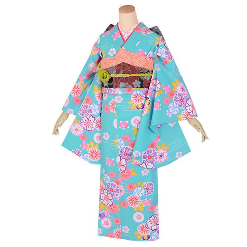 【中古品】ジュニア用 振袖単品 「水色　八重桜に菊橘」 仕立て上がり 着物 小振袖 二尺袖 子ども 子供 キッズ ジュニア 女の子 卒業式 小学校 小学生 中学校 中学生 十三参り 十三詣り 1/2成人式 ハーフ成人式 貸衣装処分 レンタル処分品【メール便不可】