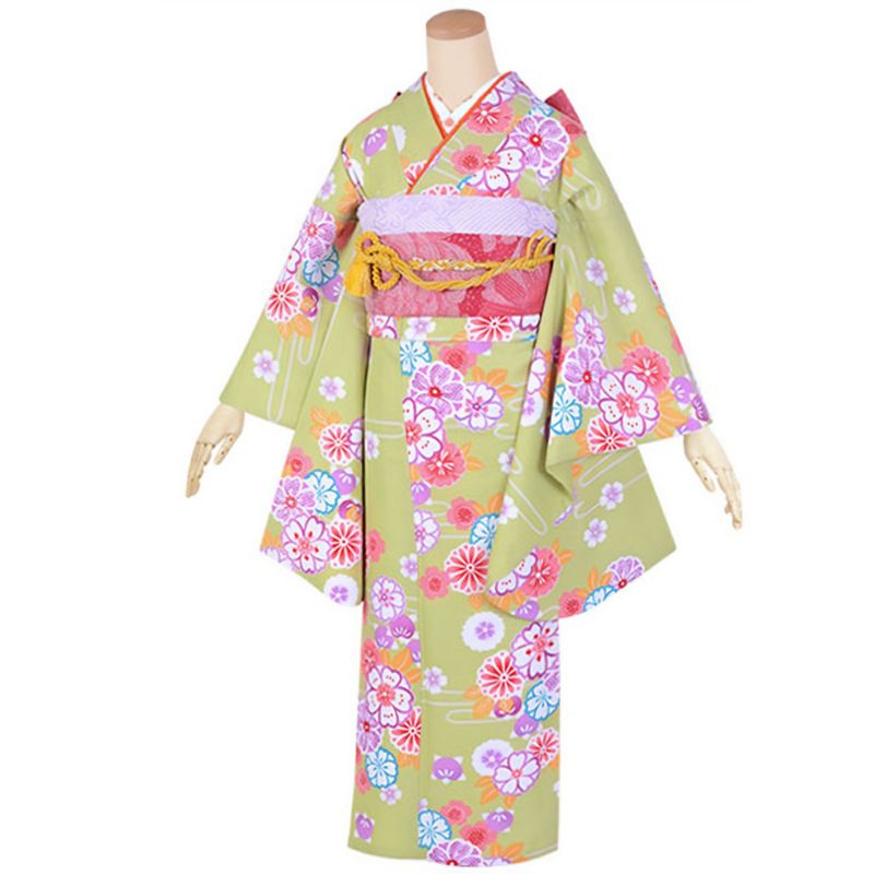 【中古品】ジュニア用 振袖単品 「黄緑　八重桜に菊橘」 仕立て上がり 着物 小振袖 二尺袖 子ども 子供 キッズ ジュニア 女の子 卒業式 小学校 小学生 中学校 中学生 十三参り 十三詣り 1/2成人式 ハーフ成人式 貸衣装処分 レンタル処分品【メール便不可】