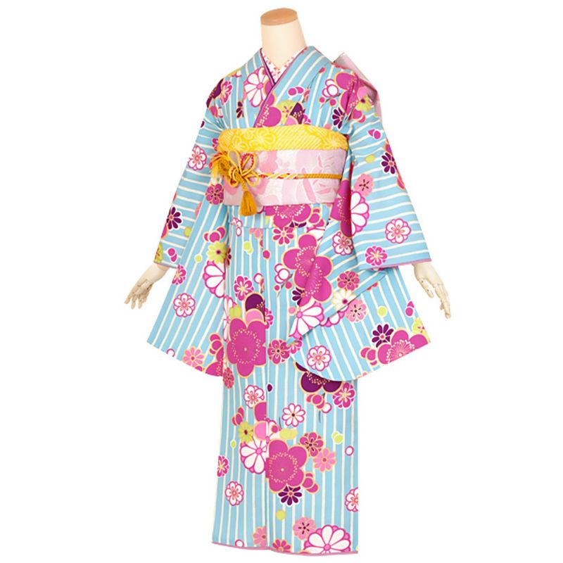 【中古品】ジュニア用 振袖単品 「水色　縞に梅文様」 九重 ここのえ 仕立て上がり 着物 小振袖 二尺袖 子ども 子供 キッズ ジュニア 女の子 卒業式 小学校 小学生 中学校 中学生 十三参り 十三詣り 1/2成人式 ハーフ成人式 貸衣装処分 レンタル処分品