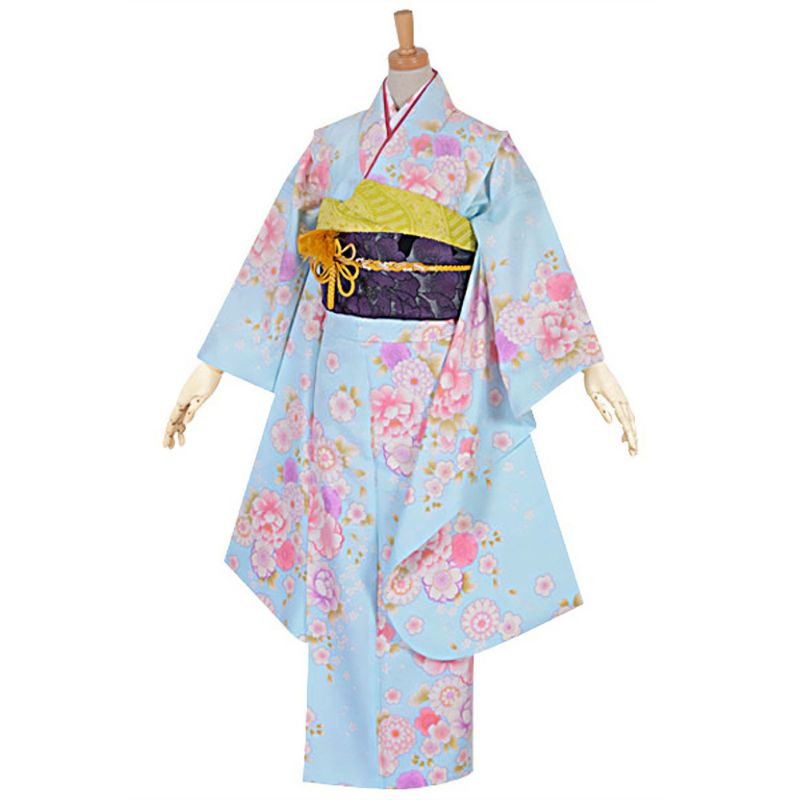 【中古品】ジュニア用 振袖単品 「水色　菊桜牡丹」 仕立て上がり 襦袢プレゼント 小振袖 着物 子ども 子供 キッズ ジュニア 女の子 卒業式 小学校 小学生 中学校 中学生 十三参り 十三詣り 1/2成人式 ハーフ成人式 貸衣装処分 レンタル処分品【メール便不可】