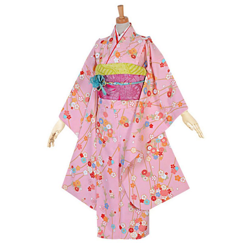 【中古品】ジュニア用 振袖単品 「ピンク　花の丸枝垂れ桜」 仕立て上がり 襦袢プレゼント 小振袖 着物 子ども 子供 キッズ ジュニア 女の子 卒業式 小学校 小学生 中学校 中学生 十三参り 十三詣り 1/2成人式 ハーフ成人式 貸衣装処分 レンタル処分品【メール便不可】