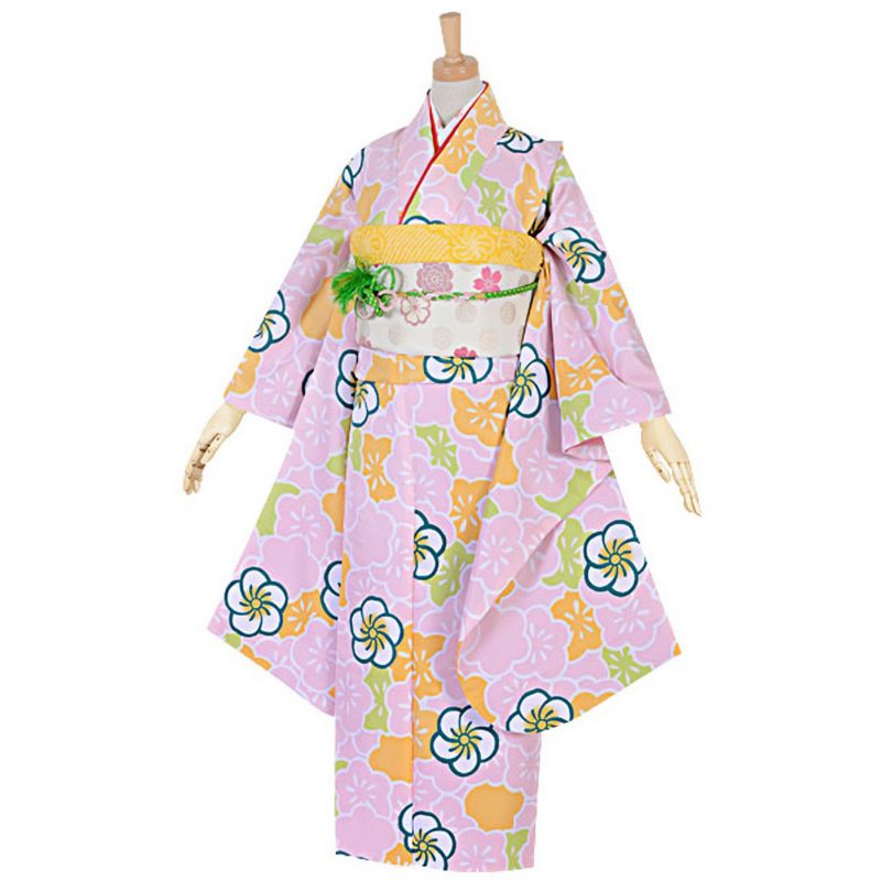 【中古品】ジュニア用 振袖単品 「ピンク　梅尽くし」 仕立て上がり 襦袢プレゼント 小振袖 着物 子ども 子供 キッズ ジュニア 女の子 卒業式 小学校 小学生 中学校 中学生 十三参り 十三詣り 1/2成人式 ハーフ成人式 貸衣装処分 レンタル処分品【メール便不可】