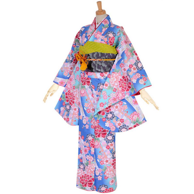 【中古品】ジュニア用 振袖単品 「青　桜と牡丹」 仕立て上がり 着物 小振袖 二尺袖 子ども 子供 キッズ ジュニア 女の子 卒業式 小学校 小学生 中学校 中学生 十三参り 十三詣り 1/2成人式 ハーフ成人式 貸衣装処分 レンタル処分品【メール便不可】