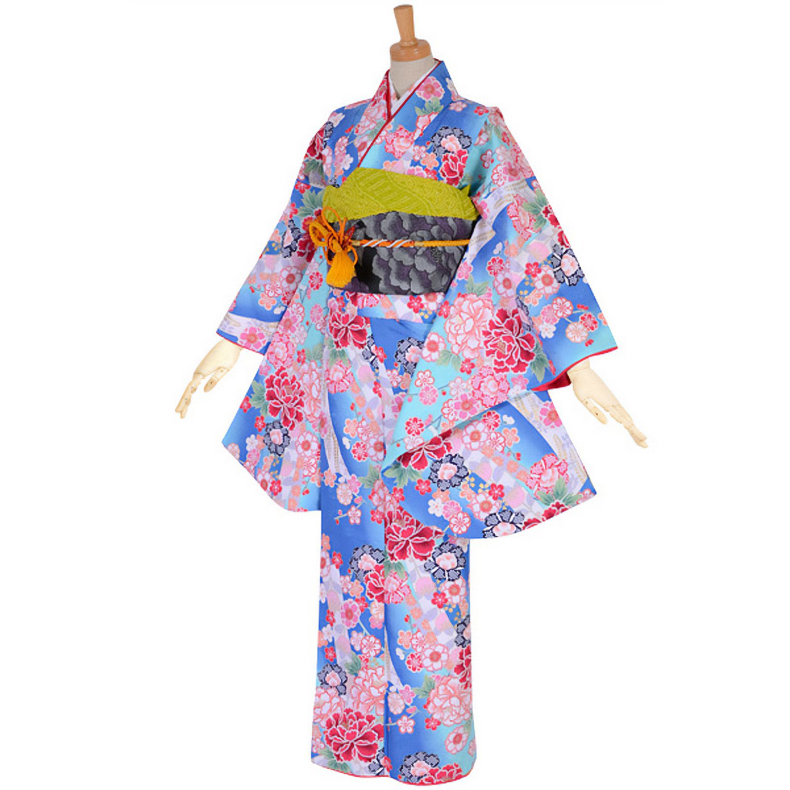 【中古品】ジュニア用 振袖単品 「青 桜と牡丹」 仕立て上がり 着物 
