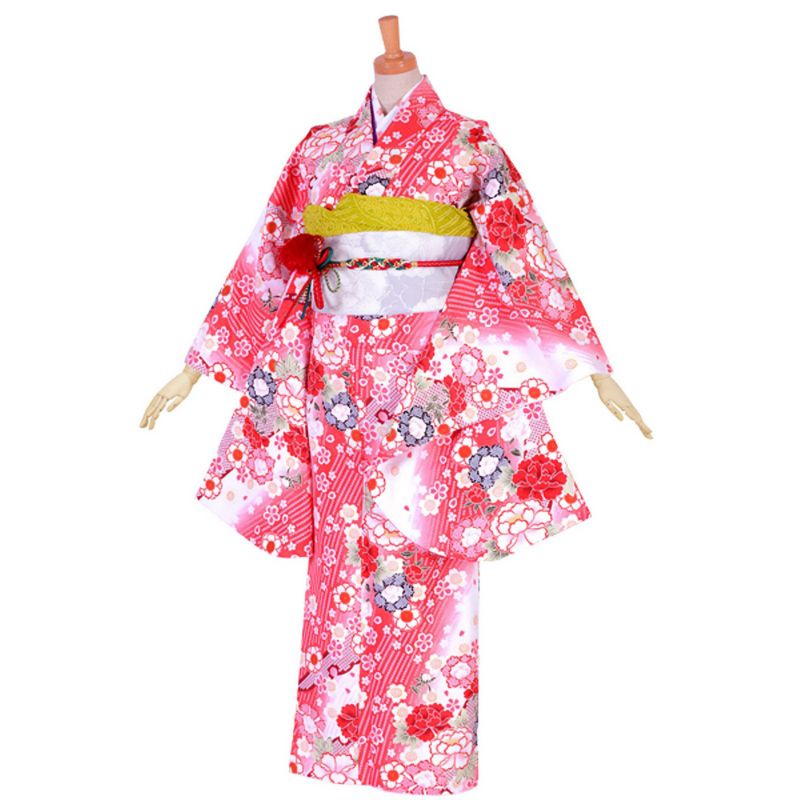 【中古品】ジュニア用 振袖単品 「白赤　大雪輪に牡丹桜」 仕立て上がり 着物 小振袖 二尺袖 子ども 子供 キッズ ジュニア 女の子 卒業式 小学校 小学生 中学校 中学生 十三参り 十三詣り 1/2成人式 ハーフ成人式 貸衣装処分 レンタル処分品