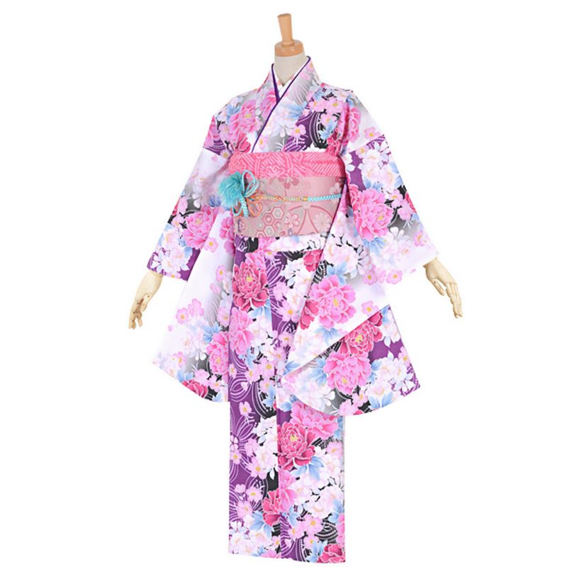 【中古品】ジュニア用 振袖単品 「紫　牡丹に桜」 仕立て上がり 着物 小振袖 二尺袖 子ども 子供 キッズ ジュニア 女の子 卒業式 小学校 小学生 中学校 中学生 十三参り 十三詣り 1/2成人式 ハーフ成人式 貸衣装処分 レンタル処分品【メール便不可】