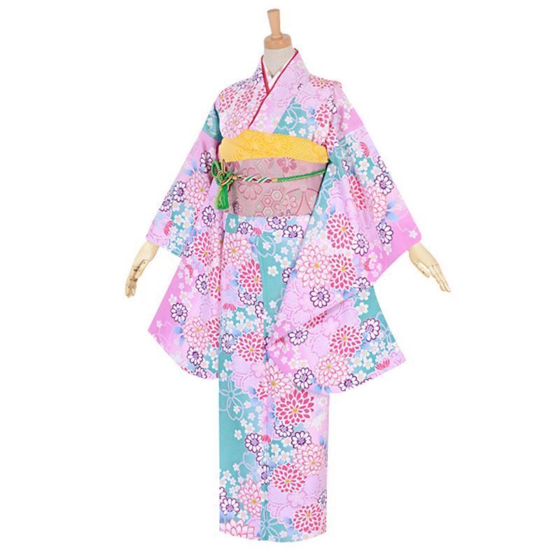 【中古品】ジュニア用 振袖単品 「ピンク×緑　菊　桜」 仕立て上がり 着物 小振袖 二尺袖 子ども 子供 キッズ ジュニア 女の子 卒業式 小学校 小学生 中学校 中学生 十三参り 十三詣り 1/2成人式 ハーフ成人式 貸衣装処分 レンタル処分品