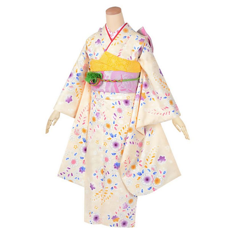 【中古品】ジュニア用 振袖単品 「クリーム色　辻が花文様」 仕立て上がり 襦袢プレゼント 小振袖 着物 子ども 子供 キッズ ジュニア 女の子 卒業式 小学校 小学生 中学校 中学生 十三参り 十三詣り 1/2成人式 ハーフ成人式 貸衣装処分 レンタル処分品【メール便不可】