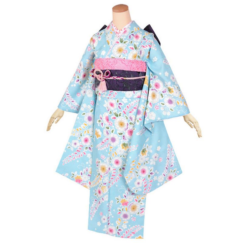 【中古品】ジュニア用 振袖単品 「水色　辻が花文様」 仕立て上がり 襦袢プレゼント 小振袖 着物 子ども 子供 キッズ ジュニア 女の子 卒業式 小学校 小学生 中学校 中学生 十三参り 十三詣り 1/2成人式 ハーフ成人式 貸衣装処分 レンタル処分品【メール便不可】