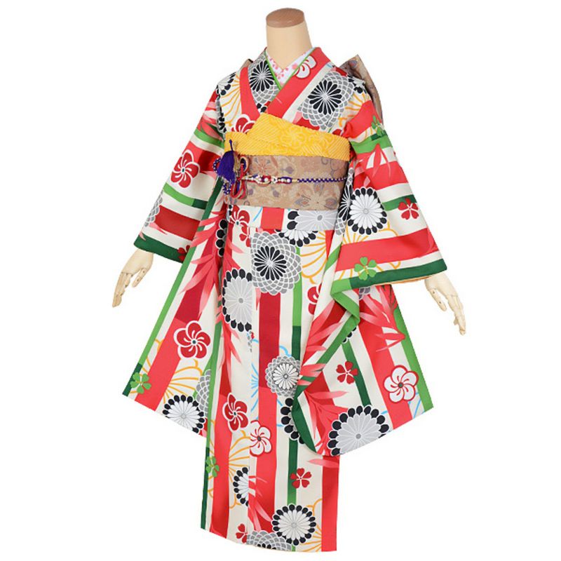 【中古品】ジュニア用 振袖単品 「クリーム色　竹縞に菊」 仕立て上がり 襦袢プレゼント 小振袖 着物 子ども 子供 キッズ ジュニア 女の子 卒業式 小学校 小学生 中学校 中学生 十三参り 十三詣り 1/2成人式 ハーフ成人式 貸衣装処分 レンタル処分品