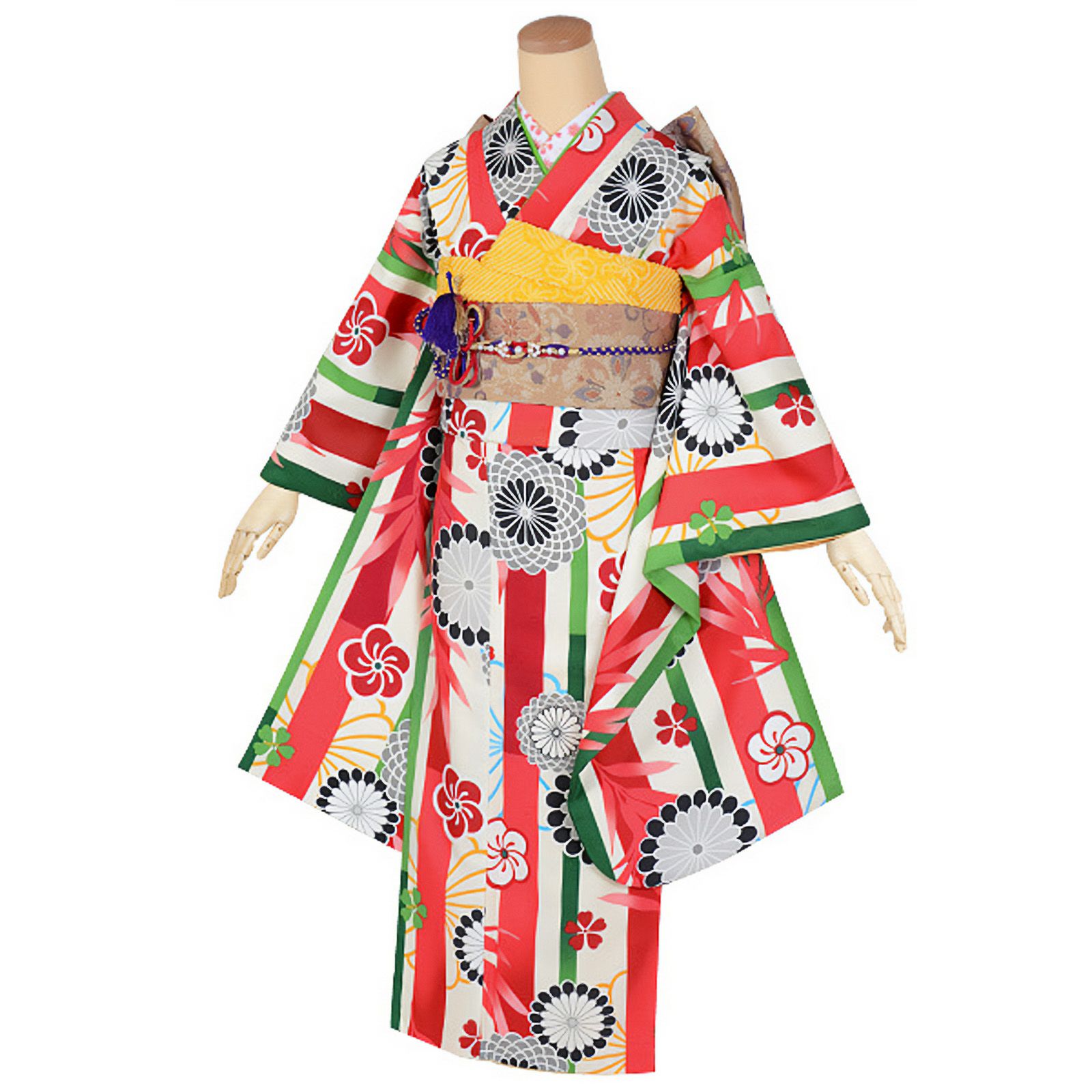 【中古品】ジュニア用 振袖単品 「クリーム色　竹縞に菊」 仕立て上がり 襦袢プレゼント 小振袖 着物 子ども 子供 キッズ ジュニア 女の子 卒業式 小学校 小学生 中学校 中学生 十三参り 十三詣り 1/2成人式 ハーフ成人式 貸衣装処分 レンタル処分品