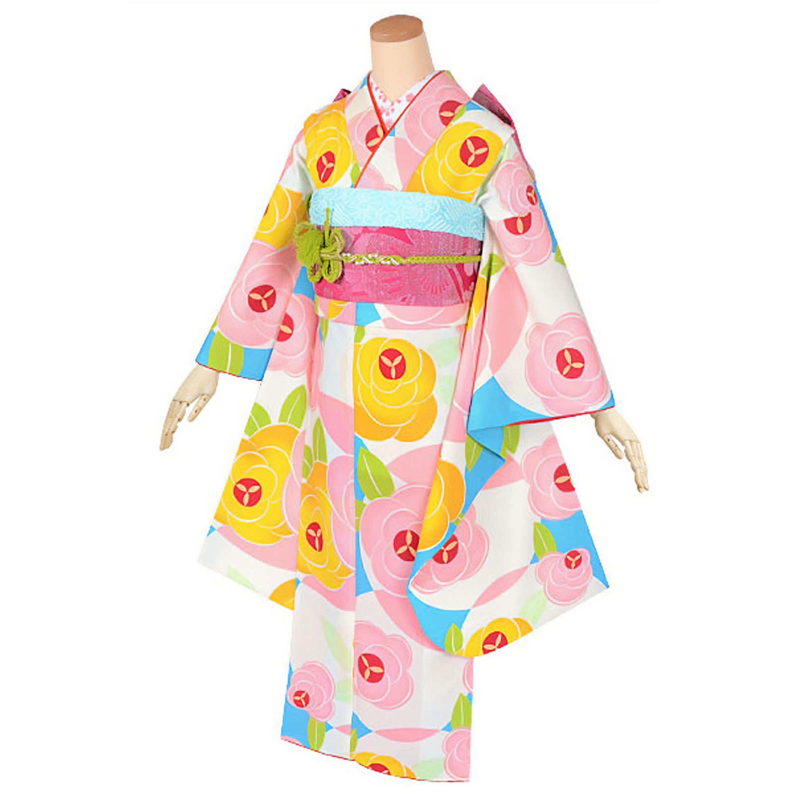 中古品】ジュニア用 振袖単品 「水色 花と円」 仕立て上がり 襦袢 