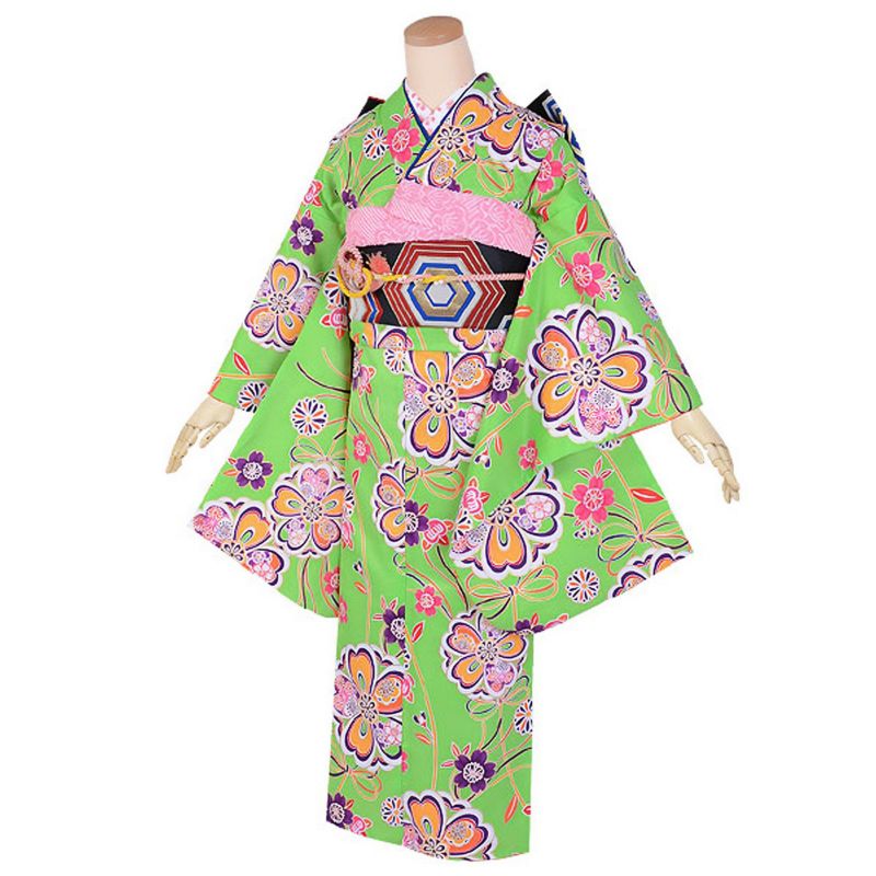 【中古品】ジュニア用 振袖単品 「黄緑　花と結び紐」 和遊日 仕立て上がり 着物 小振袖 二尺袖 子ども 子供 キッズ ジュニア 女の子 卒業式 小学校 小学生 中学校 中学生 十三参り 十三詣り 1/2成人式 ハーフ成人式 貸衣装処分 レンタル処分品