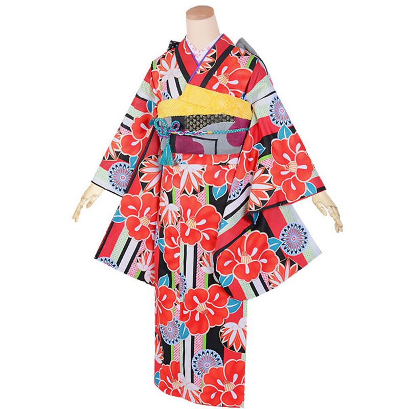 【中古品】ジュニア用 振袖単品 「赤　縦縞　椿と葵・菊」 和遊日 仕立て上がり 着物 小振袖 二尺袖 子ども 子供 キッズ ジュニア 女の子 卒業式 小学校 小学生 中学校 中学生 十三参り 十三詣り 1/2成人式 ハーフ成人式 貸衣装処分 レンタル処分品【メール便不可】