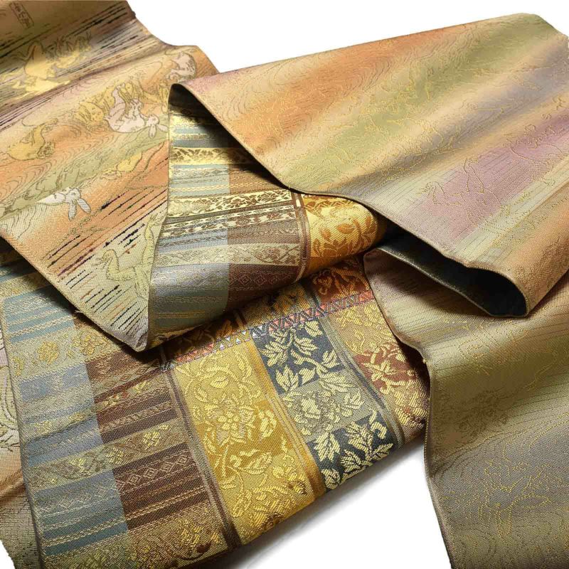 新古品】仕立て上がり 袋帯 「暈しに高山寺鳥獣戯画」 西陣織