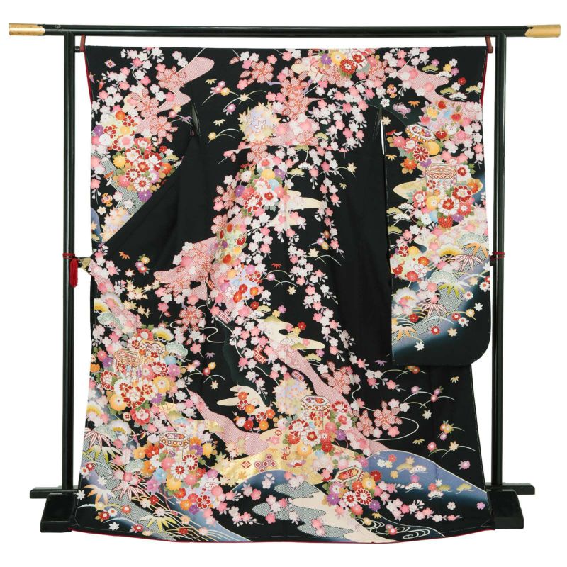 【新古品】お仕立て上がり 振袖単品 「黒地　枝垂桜に貝桶、草花」 振袖 振り袖 成人式 結婚式 結納 パーティー 【メール便不可】