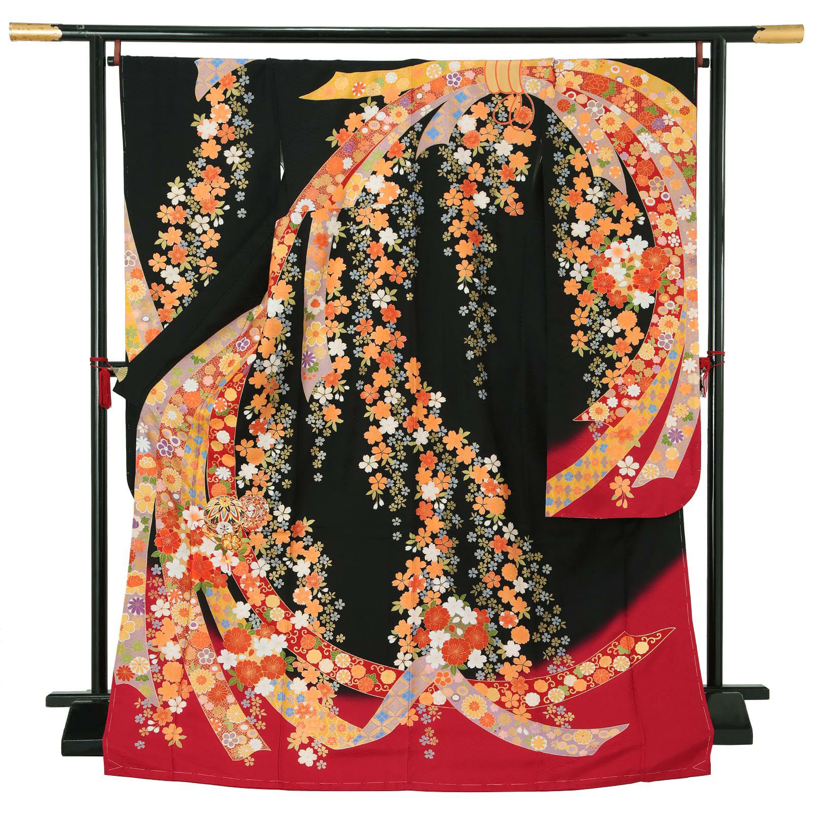 【新古品】お仕立て上がり 振袖単品 「黒×赤　束ね熨斗に桜、手毬」 トールサイズ 振袖 振り袖 成人式 結婚式 結納 パーティー