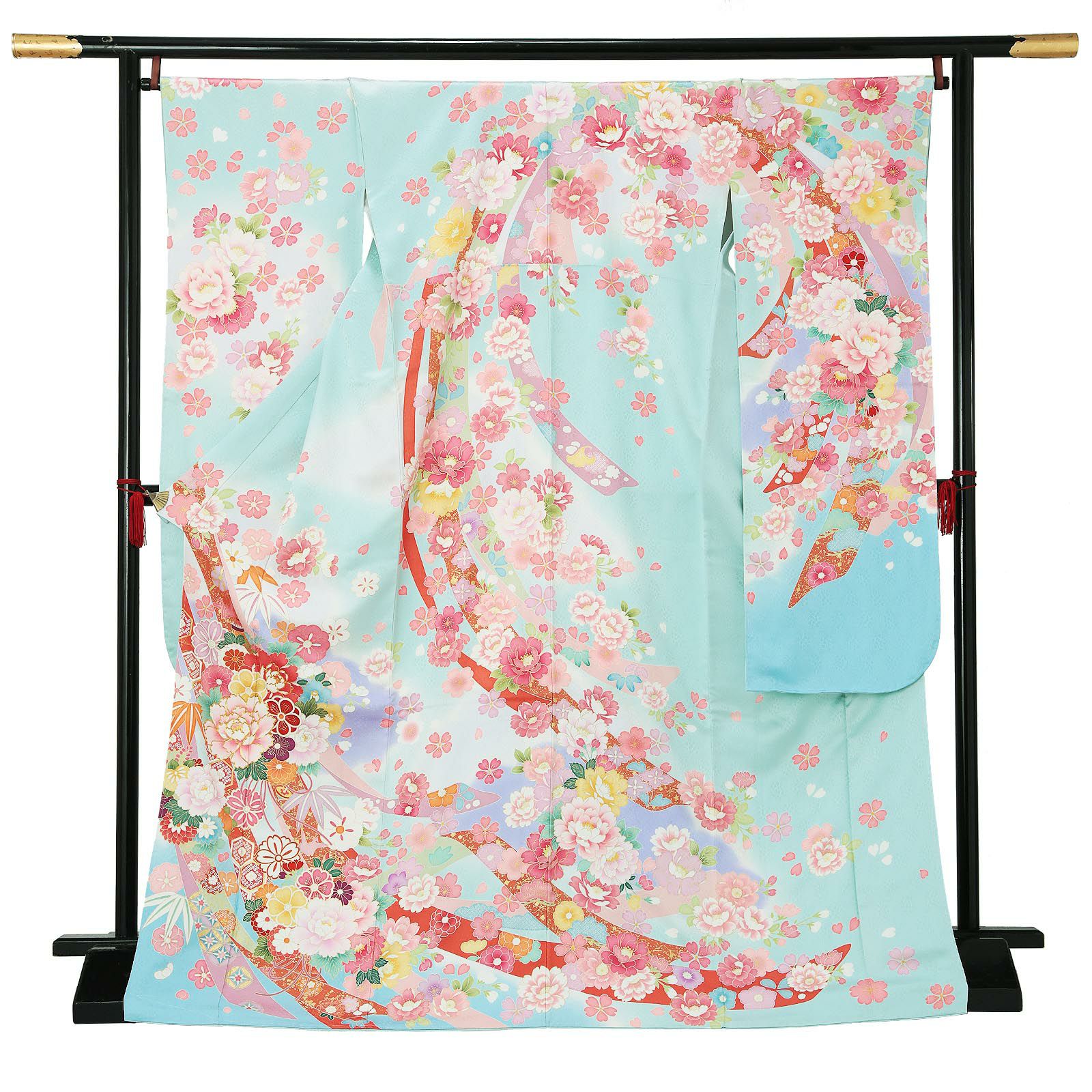 【新古品】お仕立て上がり 振袖単品 「水色×空色　束ね熨斗に桜、牡丹」 振袖 振り袖 成人式 結婚式 結納 パーティー