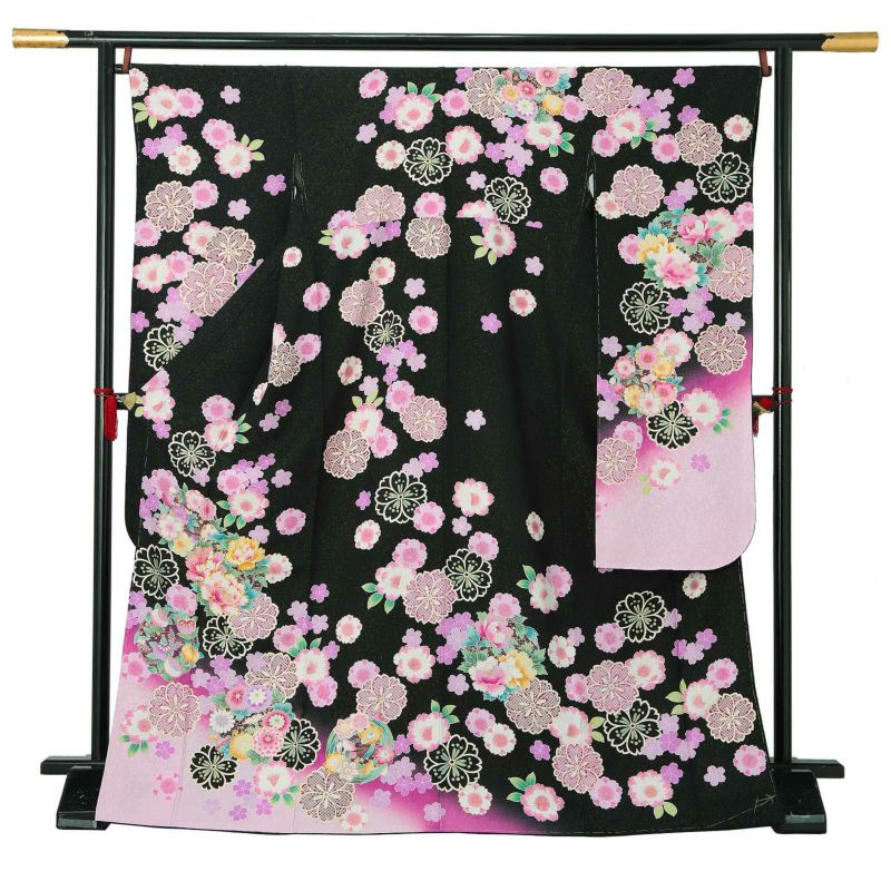 【新古品】お仕立て上がり 振袖単品 「黒地　八重桜に花の丸」 振袖 振り袖成人式 結婚式 結納 パーティー