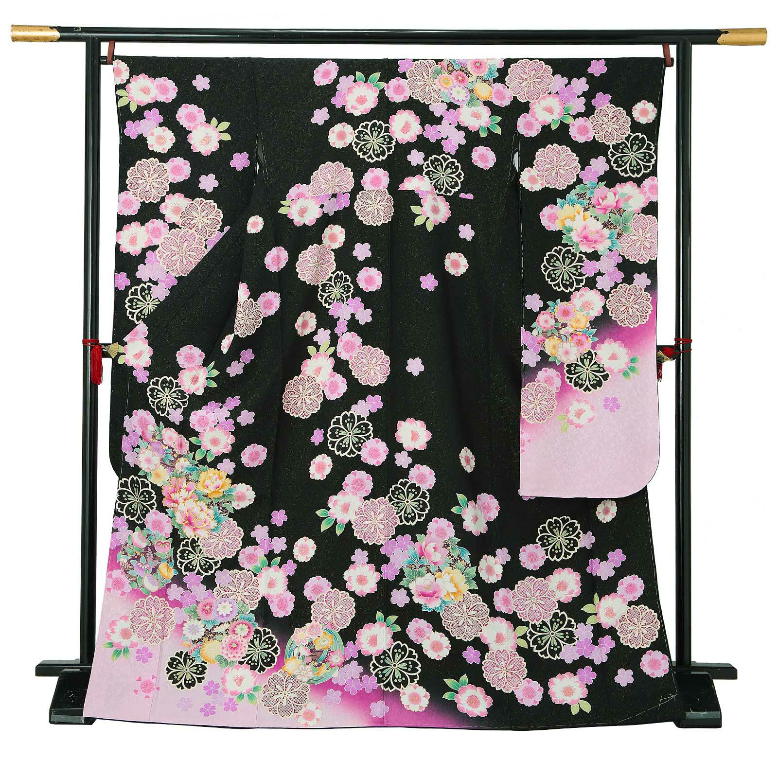 【新古品】お仕立て上がり 振袖単品 「黒地　八重桜に花の丸」 振袖 振り袖成人式 結婚式 結納 パーティー