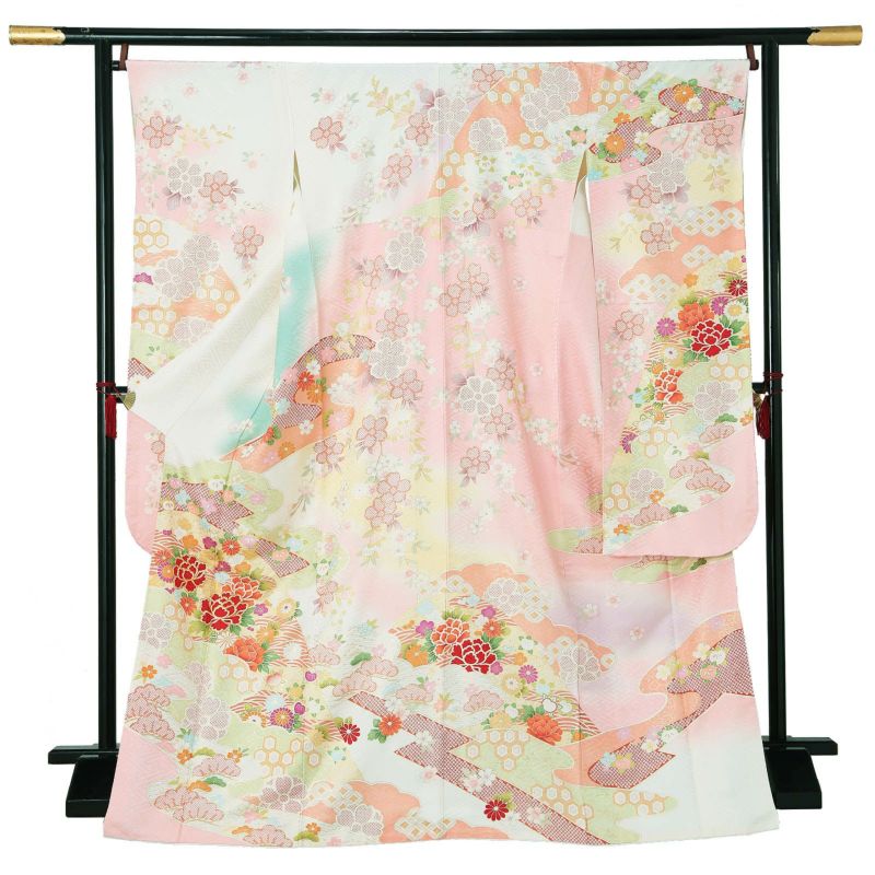 【新古品】お仕立て上がり 振袖単品 「アイボリー×薄ピンク　桃山調吉祥草花、牡丹」 トールサイズ 振袖 振り袖 成人式 結婚式 結納 パーティー
