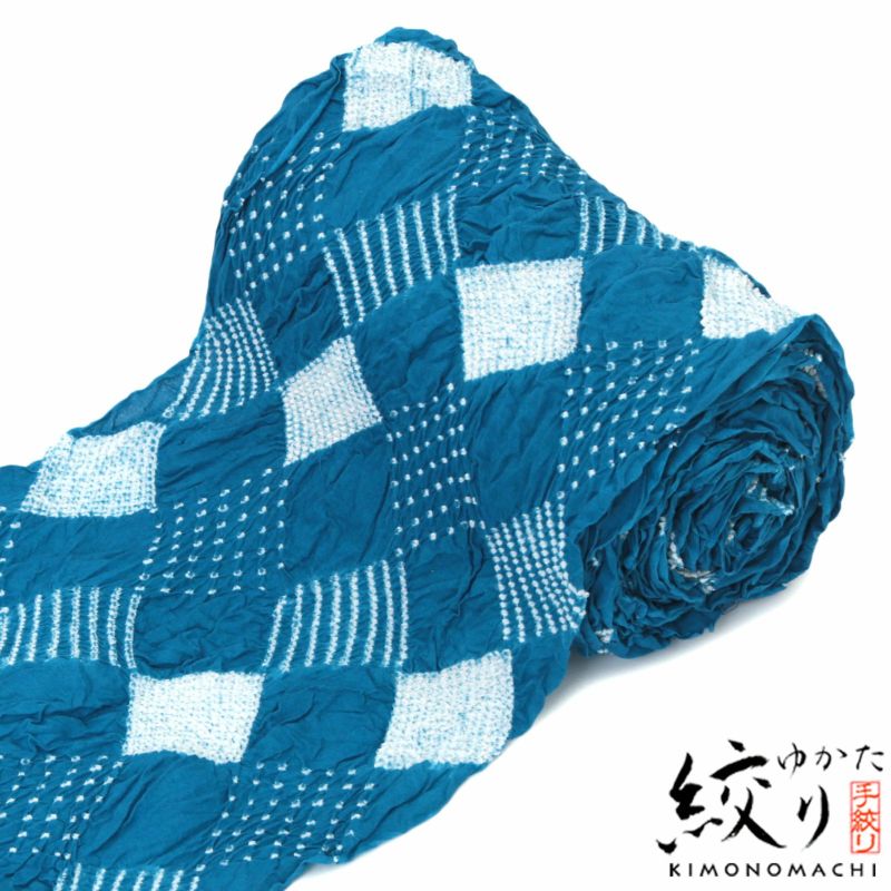 絞り浴衣反物 「パッチワーク 青グリーン」 女性浴衣 レディース浴衣 絞り浴衣 綿浴衣 未仕立て