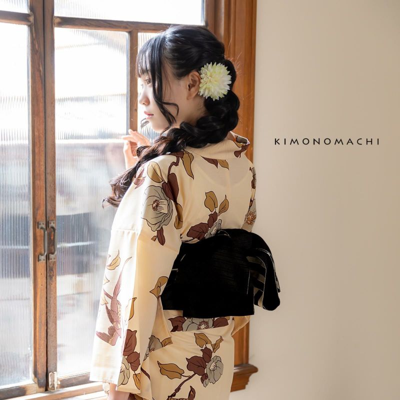 超美品□【JK】黒黄柄浴衣 ゆかた ポリエステル100％ L前後 YUKATA