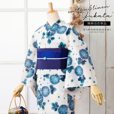 【Prices down】浴衣 レディース 単品 お仕立て上がり浴衣 プレタ 「花子倶楽部：生成り色地　菊　納戸色」 Fサイズ シック 大人 モダン 粋 ゆかた 女性 ブランド ブランド浴衣 花火大会 夏祭り 綿麻浴衣 【メール便