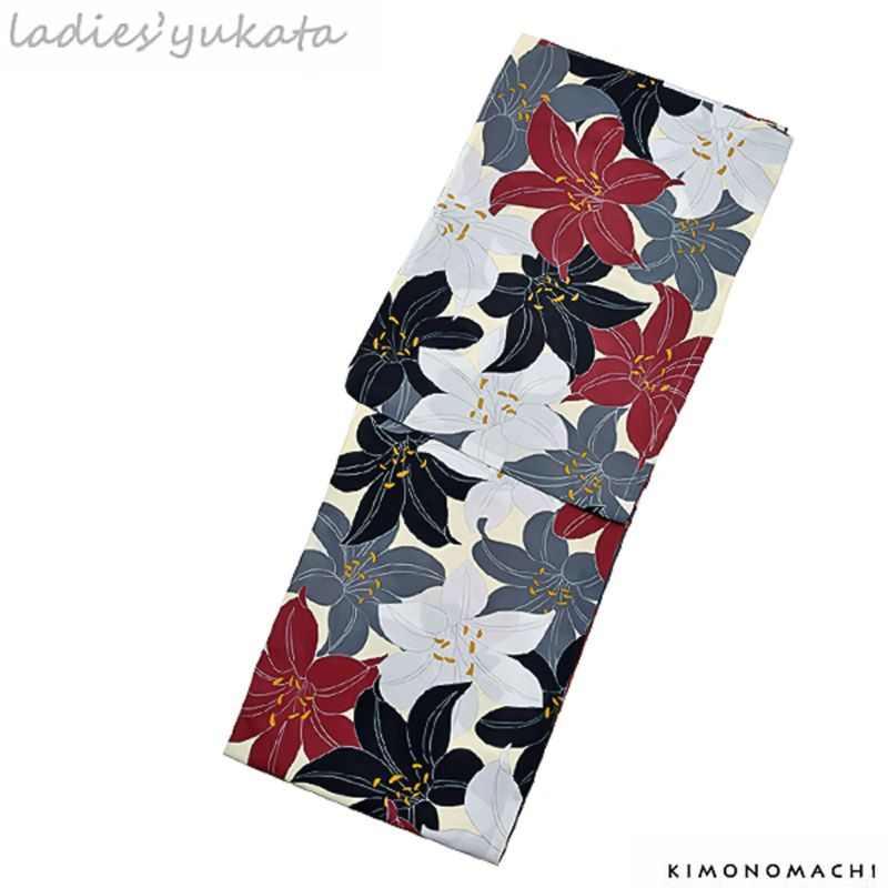 浴衣 レディース 単品 「黒色　百合」 LWサイズ yukata