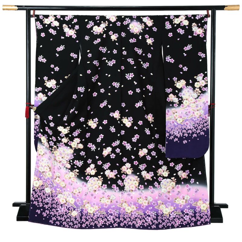 【新古品】お仕立て上がり 振袖単品 「黒地　桜、雪輪」 振り袖 着物 レディース 成人式 結婚式 結納 パーティー 晴れ着 【メール便不可】