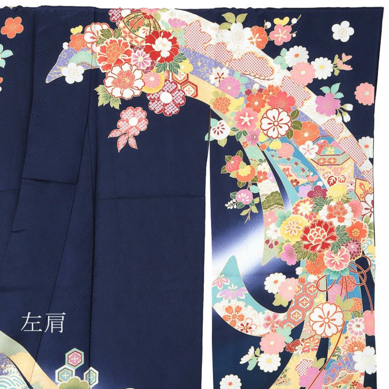 新古品】お仕立て上がり 振袖単品 「紺瑠璃 蔓帯に鈴、牡丹