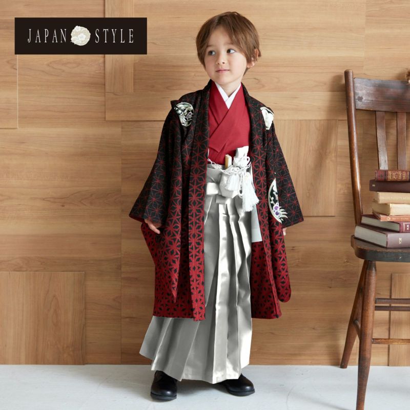 七五三 着物 男の子 5歳 ブランド 羽織袴セット JAPAN STYLE ジャパンスタイル 「赤×黒、麻の葉　鷹」 フルセット 5歳向け 5才 五歳 男児用 着物セット 子供着物 五才のお祝い着
