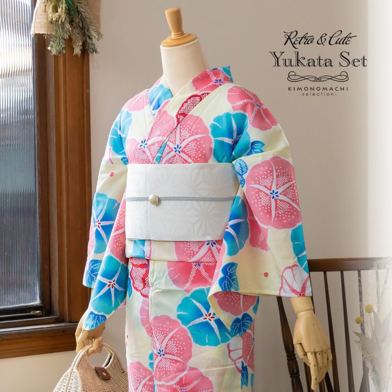 浴衣 セット レディース 大人 浴衣セット 浴衣3点セット（浴衣＋帯＋おまかせ下駄）「浴衣：赤ピンク×ブルー 朝顔＋帯：白 麻の葉＋おまかせ下駄」 可愛い系 個性的 レトロモダン 花火大会 夏祭り 女性用浴衣 女性浴衣 ゆかた yukata
