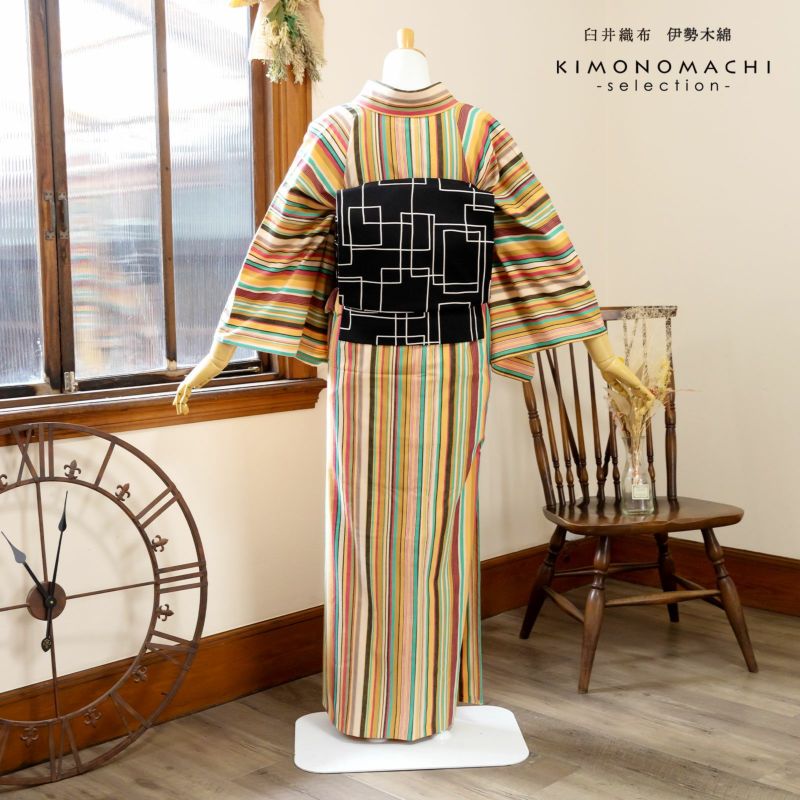 伊勢木綿　着物　縞　ストライプ　洗える着物 楽天市場】伊勢木綿 洗える着物 単品 「縦縞 白地、青×灰色（漣）」 お
