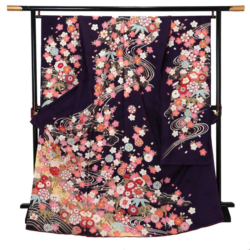 未仕立て 振袖 単品 「濃紫色　鶴に雪輪」 仮絵羽 振り袖 正絹 着物 レディース 成人式 結婚式 結納 パーティー 晴れ着