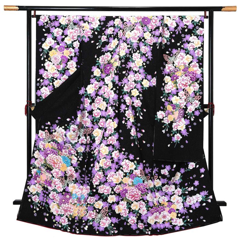 未仕立て 振袖 単品 「黒地　紫桜、蝶」 仮絵羽 振り袖 正絹 着物 レディース 成人式 結婚式 結納 パーティー 晴れ着