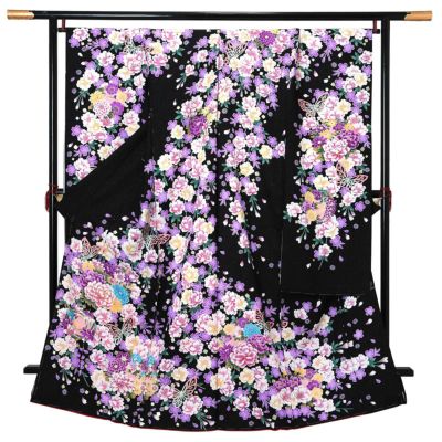 未仕立て 振袖 単品「青緑色 桜」日本製 仮絵羽 振り袖 正絹 着物