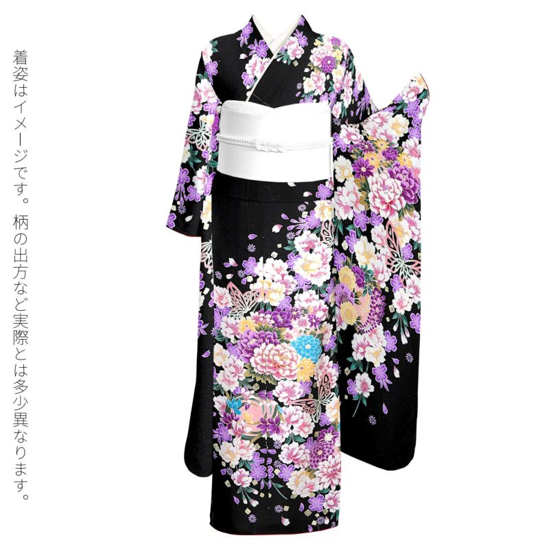 未仕立て 振袖 単品 「黒地 紫桜、蝶」 仮絵羽 振り袖 正絹 着物