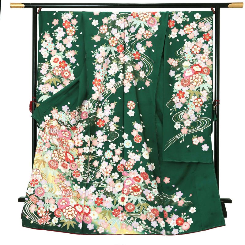 未仕立て 振袖 単品 「緑色　流水に桜牡丹、鈴」 仮絵羽 振り袖 正絹 着物 レディース 成人式 結婚式 結納 パーティー 晴れ着