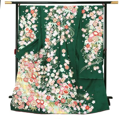 未仕立て 振袖 単品「青緑色 桜」日本製 仮絵羽 振り袖 正絹 着物