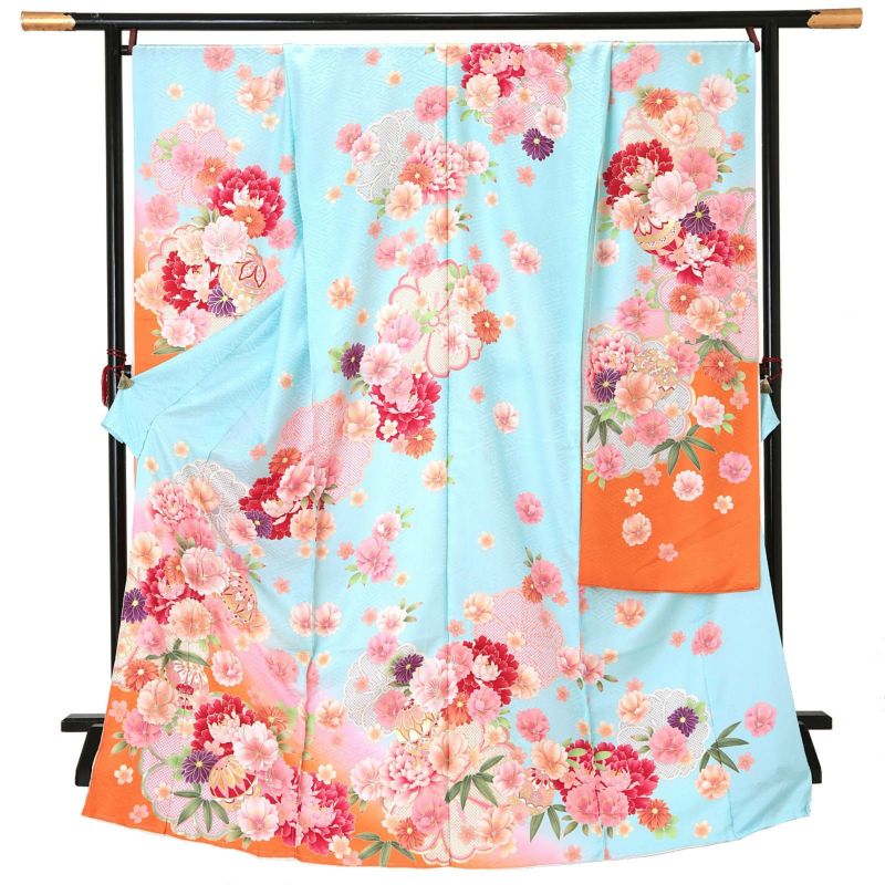 未仕立て 振袖 単品 「水色×橙色　桜紋に手毬、牡丹」 仮絵羽 振り袖 正絹 着物 レディース 成人式 結婚式 結納 パーティー 晴れ着