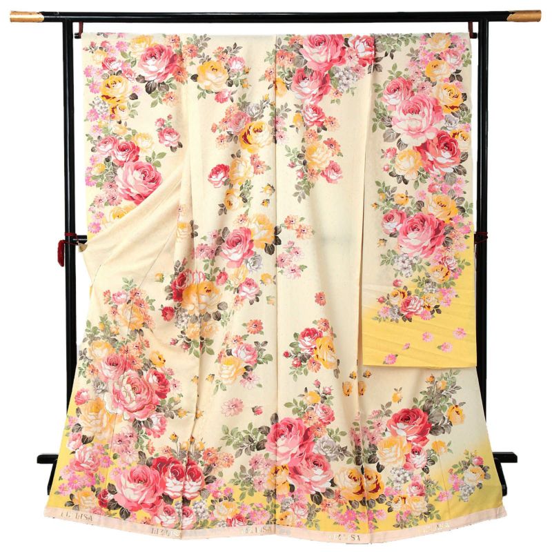 未仕立て 振袖 単品 リズリサ LIZ LISA 「クリーム色　ローズ」 ブランド 仮絵羽 振り袖 正絹 着物 レディース 成人式 結婚式 結納 パーティー 晴れ着
