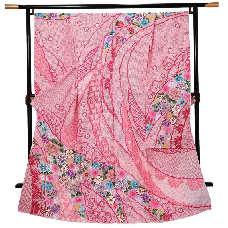 未仕立て 振袖 単品 「牡丹色　疋田、雪芝取りに牡丹」 仮絵羽 振り袖 正絹 着物 レディース 成人式 結婚式 結納 パーティー 晴れ着