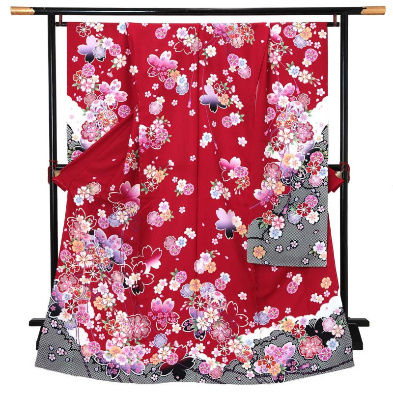 未仕立て 振袖 単品 「赤地　桜に手毬」 仮絵羽 振り袖 正絹 着物 レディース 成人式 結婚式 結納 パーティー 晴れ着