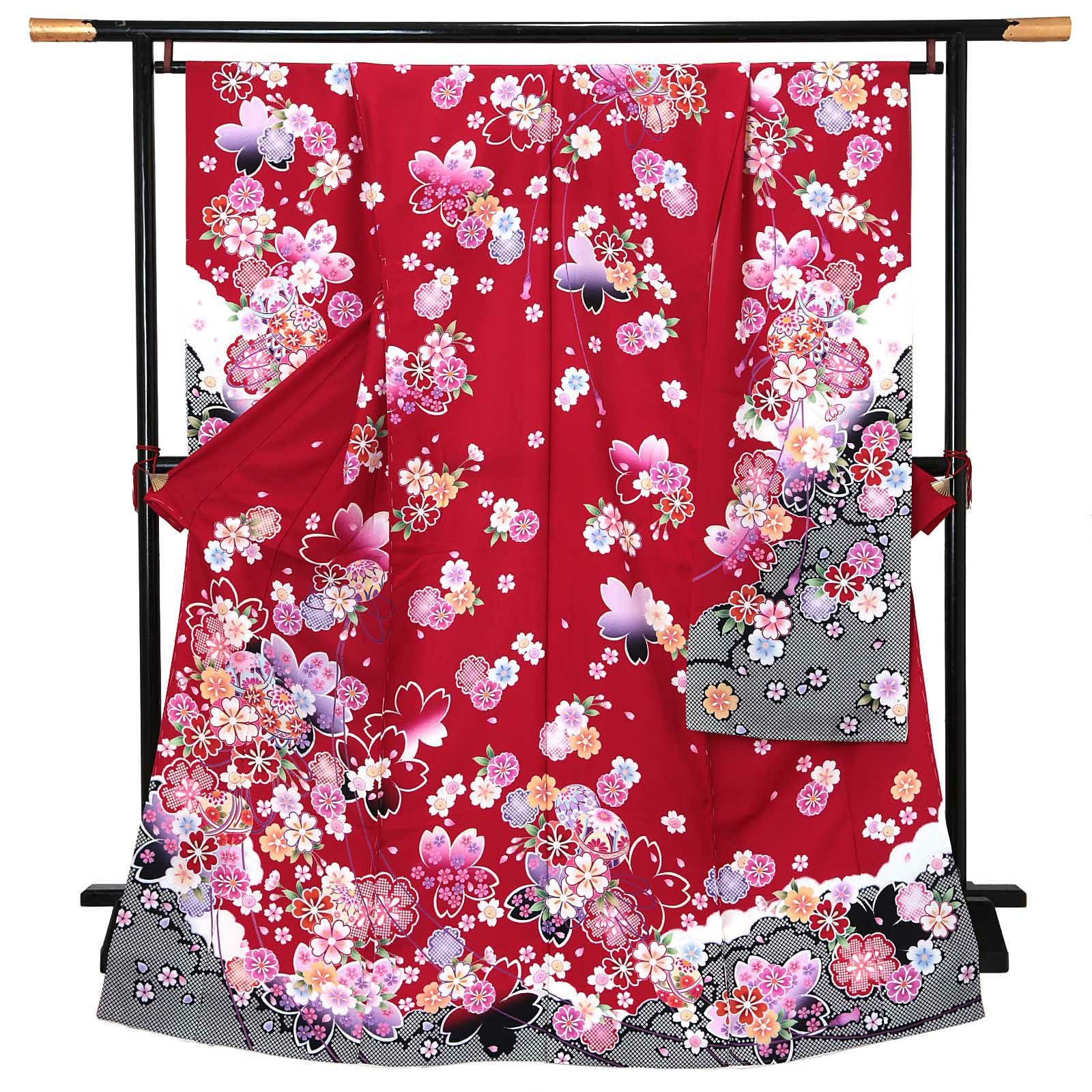 未仕立て 振袖 単品 「赤地　桜に手毬」 仮絵羽 振り袖 正絹 着物 レディース 成人式 結婚式 結納 パーティー 晴れ着