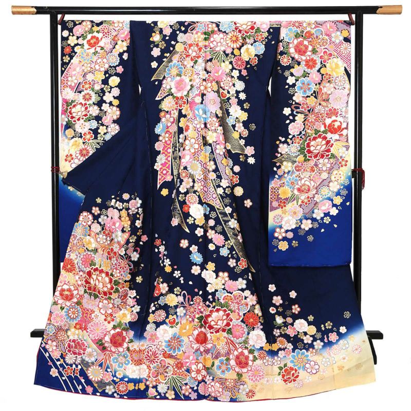 未仕立て 振袖 単品 「鉄紺色　鈴に牡丹」 仮絵羽 振り袖 正絹 着物 レディース 成人式 結婚式 結納 パーティー 晴れ着