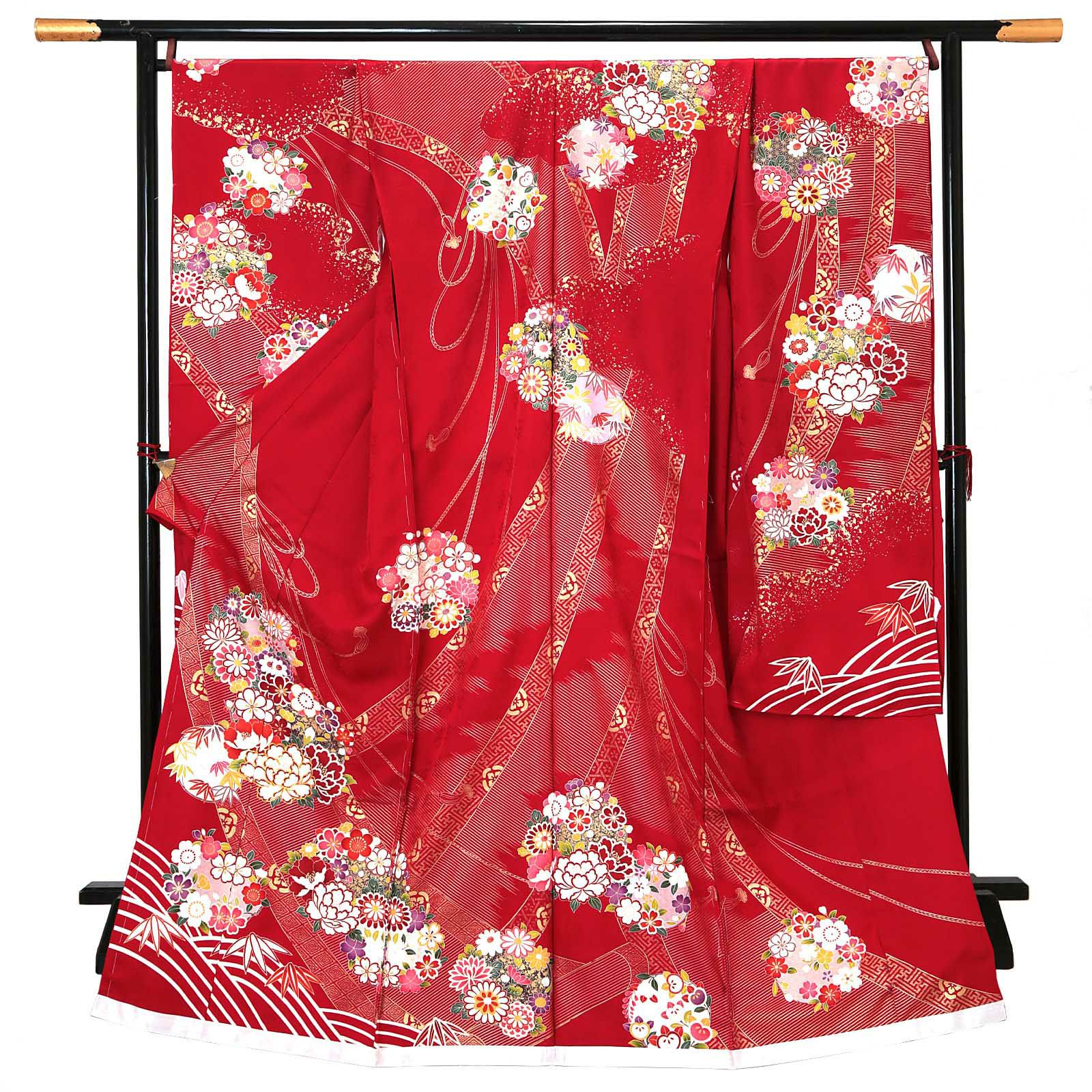 未仕立て 振袖 単品 「赤地　御簾に花の丸」 仮絵羽 振り袖 正絹 着物 レディース 成人式 結婚式 結納 パーティー 晴れ着