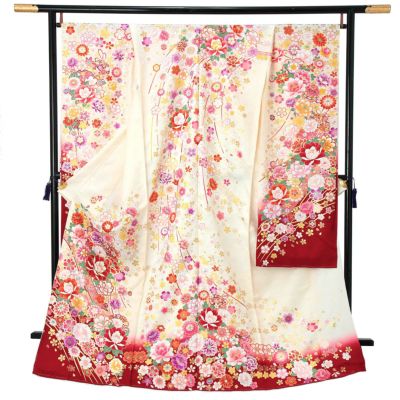 未仕立て 振袖 単品「赤紅色 笠松取り、桜」日本製 仮絵羽 振り袖 正絹 