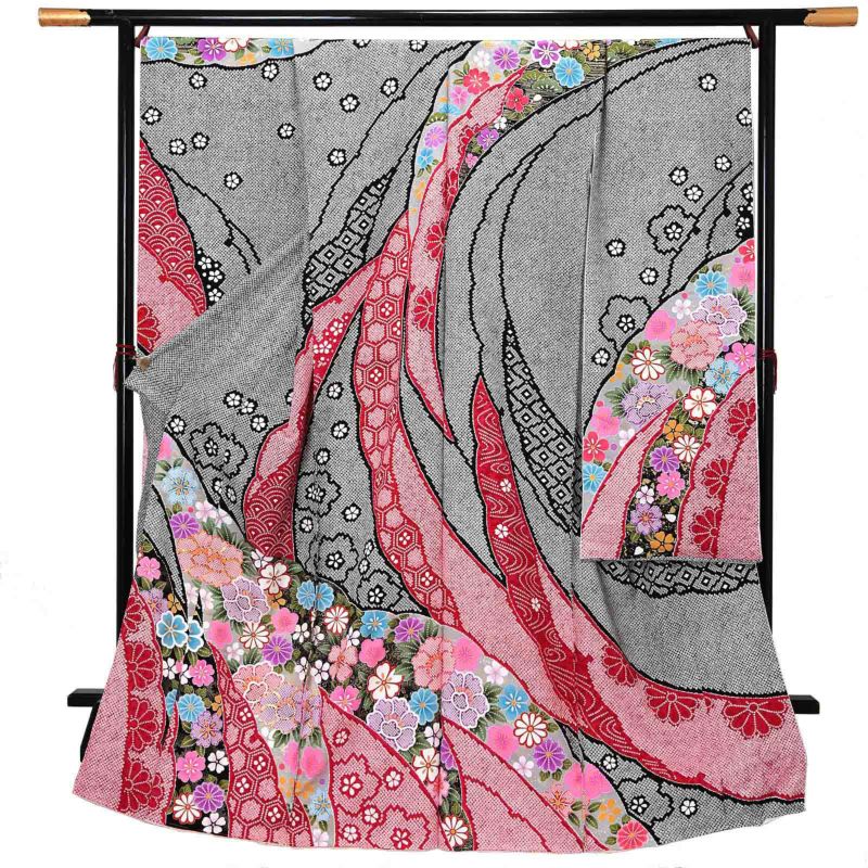 未仕立て 振袖 単品 「黒地　疋田、雪芝取りに牡丹」 仮絵羽 振り袖 正絹 着物 レディース 成人式 結婚式 結納 パーティー 晴れ着